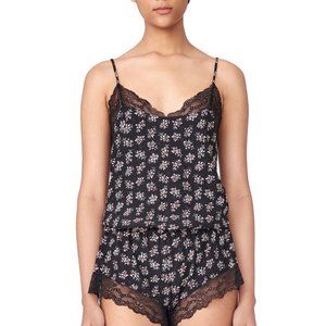 Eberjey Rebecca Taylor Silk Romper Floral Lace Trim, Black Pink and Cream, Small